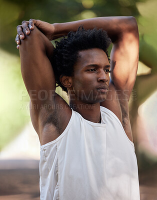 Buy stock photo Fitness, exercise and black man stretching arms in nature to start training workout outdoors. Sports, thinking and male athlete stretch, warm up or getting ready for running, exercising or jogging.