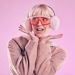 Fashion, woman and quirky in studio with wow, surprise and comic glasses on pink background. Aesthetic model person with hands on face thinking about edgy vaporwave trend with creativity and color