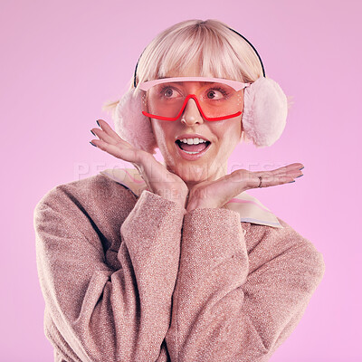 Buy stock photo Fashion, woman and quirky in studio with wow, surprise and comic glasses on pink background. Aesthetic model person with hands on face thinking about edgy vaporwave trend with creativity and color