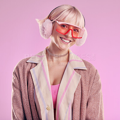 Buy stock photo Fashion, portrait and a happy woman in studio with a smile, creativity and comic glasses on pink background. Face of an aesthetic model person with a smile for edgy vaporwave trend with color