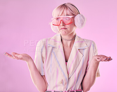 Buy stock photo Confused, question and woman shrugging shoulders with fashion, why and isolated in a studio pink background. Cool, model and female stylist with doubt, dont know hopeless gesture with mockup