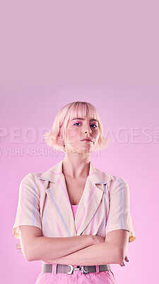 Buy stock photo Angry, serious and portrait of a woman with arms crossed isolated on a pink background in a studio. Expert, professional and stylish, trendy and fashionable girl with frustrated expression and mockup