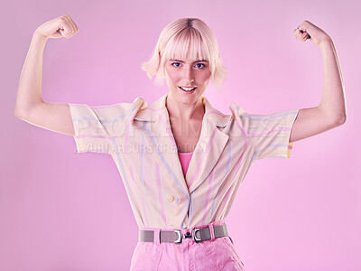 Buy stock photo Woman, flexing arm muscle in portrait and smile, power and strong female isolated on pink background. Freedom fight, empowerment and strength with confidence, pride in challenge with champion and win