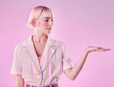Buy stock photo Woman, mockup space and promotion on pink background, studio offer and advertising color. Female model, hands and marketing product placement of branding, commercial mock up and presentation of hands