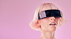 Virtual reality, metaverse and a woman with glasses for ai and future scifi 3d gaming mockup technology. Face of person on pink background for cyberpunk and wow digital transformation cyber world ux