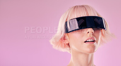 Buy stock photo Virtual reality, metaverse and a woman with glasses for ai and future scifi 3d gaming mockup technology. Face of person on pink background for cyberpunk and wow digital transformation cyber world ux