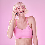 Vintage phone call, fashion and woman laugh on pink background for funny joke, smile and comic. Communication, beauty aesthetic and happy girl with retro cellphone, makeup and cosmetics in studio