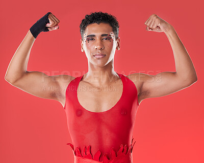 Buy stock photo Strong, power and portrait of a gay man for boxing isolated on a red background in a studio. Strength, training and lgbt fighter showing muscle for a fight, self defense and sport on a backdrop