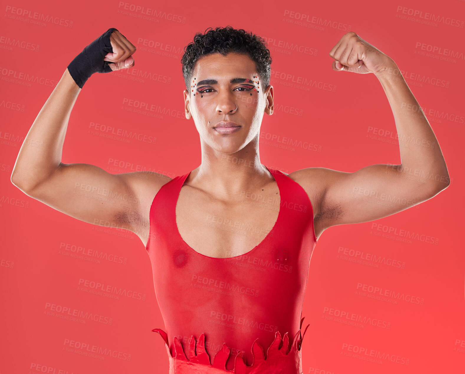 Buy stock photo Strong, power and portrait of a gay man for boxing isolated on a red background in a studio. Strength, training and lgbt fighter showing muscle for a fight, self defense and sport on a backdrop