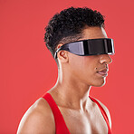 Metaverse, virtual reality and black man with glasses for ai and future scifi and 3d gaming tech. Model person profile on red background for cyberpunk and digital transformation for cyber world vr ux