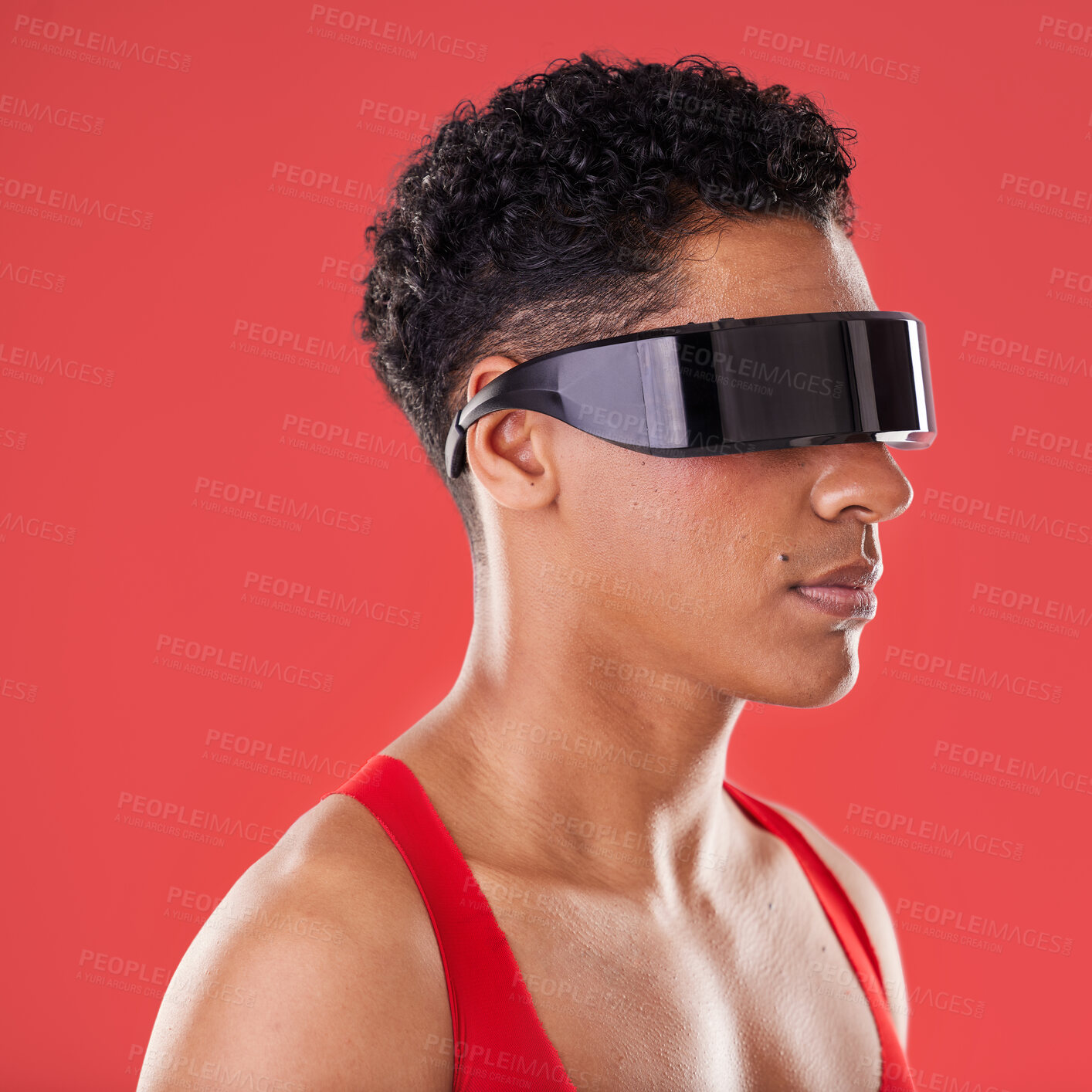 Buy stock photo Metaverse, virtual reality and black man with glasses for ai and future scifi and 3d gaming tech. Model person profile on red background for cyberpunk and digital transformation for cyber world vr ux