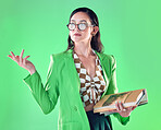 Woman, books and teacher mockup in studio isolated on a green background. Gen z, education and smart female professor with product placement, advertising or marketing space while carrying textbooks.