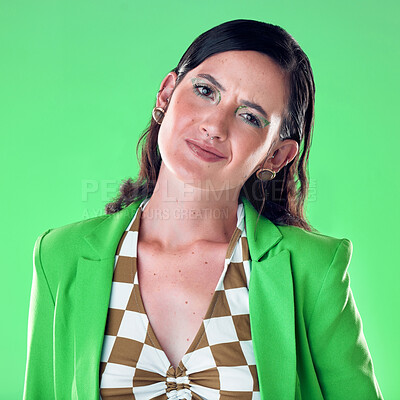 Buy stock photo Funky, fashion and portrait of woman isolated on green background for creative cosmetics, trendy style and retro aesthetic. Face of model or person headshot for beauty, clothes and makeup in studio