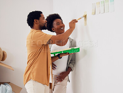 Buy stock photo Painting, wall or home with a black couple in DIY, renovation or house remodel together with a paintbrush. Teamwork, partners or African man with happy pregnant woman excited about baby or new family