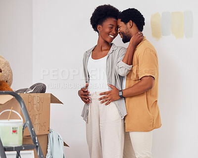 Buy stock photo Forehead, pregnancy or black couple embrace in home renovation, diy or house remodel together by apartment. Lovers, partnership or African man hugging pregnant woman excited about baby or new family 