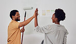 Painting, success or black couple high five in DIY, home renovation or house remodel together with a paintbrush. Happy smile, woman and fun African man with partnership, team work or collaboration 