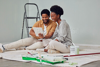 Buy stock photo Painting, tablet or black couple in home renovation, diy or house remodel online shopping together. Digital, ecommerce choices or African man on the internet with woman excited about family property 