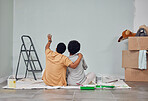 Mockup, wall or black couple pointing in home renovation, diy or house remodel together on floor. Back view, hugging or African man with a woman loves planning or working with teamwork in partnership