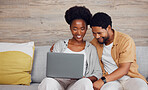 Movie, internet and black couple with a laptop for social media, movie and meme on the sofa. Looking, happy and African man and woman watching a show, reading email or comedy entertainment on a pc