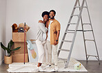 Painting, portrait or home with a black couple in DIY, renovation or house remodel with a paintbrush or roller. Teamwork, partners or African man and pregnant woman excited about baby or family start