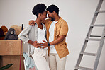 Forehead, pregnancy or black couple hug in home renovation, diy or house remodel together by apartment ladder. Lovers, partnership or African man and pregnant woman excited about baby or new family