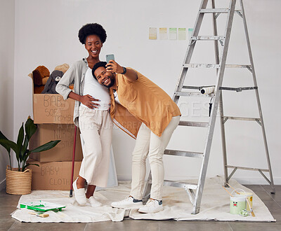 Buy stock photo Pregnancy, selfie or happy black couple in home renovation, diy or house remodel together by apartment ladder. Photo smile, family profile picture or African man with pregnant woman excited with baby