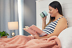 Pregnant, woman reading and tea with book in home bedroom for education and development. Person with mockup story and coffee for gynecology knowledge, pregnancy information and learning about health