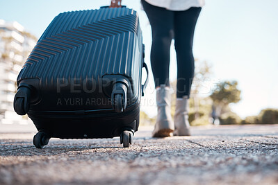 Buy stock photo Travel, road and woman with suitcase walking to destination for weekend, holiday and vacation. Traveling, journey and feet of girl with luggage in urban street to explore, adventure and tourism