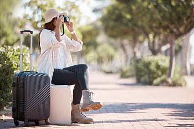 Buy stock photo Travel, photography and woman with suitcase and camera in city for weekend, holiday and vacation. Traveling, journey and girl photographer in urban town with luggage for adventure, tourism and relax