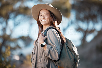 Buy stock photo Hiking woman, portrait and smile for adventure, summer and explore forest with backpack, excited and happy. Explorer girl, woods and travel with freedom, nature vacation and holiday for training goal