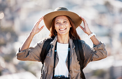Buy stock photo Happy hiking woman, portrait and adventure in summer, explore and backpack with excited smile, fitness. Explorer girl, mountain and travel with freedom, nature vacation and holiday for training goal