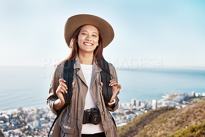 Buy stock photo Travel, portrait and woman photographer in nature, happy and relax on adventure on blue sky background. Face, photography and girl student backpacking, sightseeing and on a solo trip in New york 