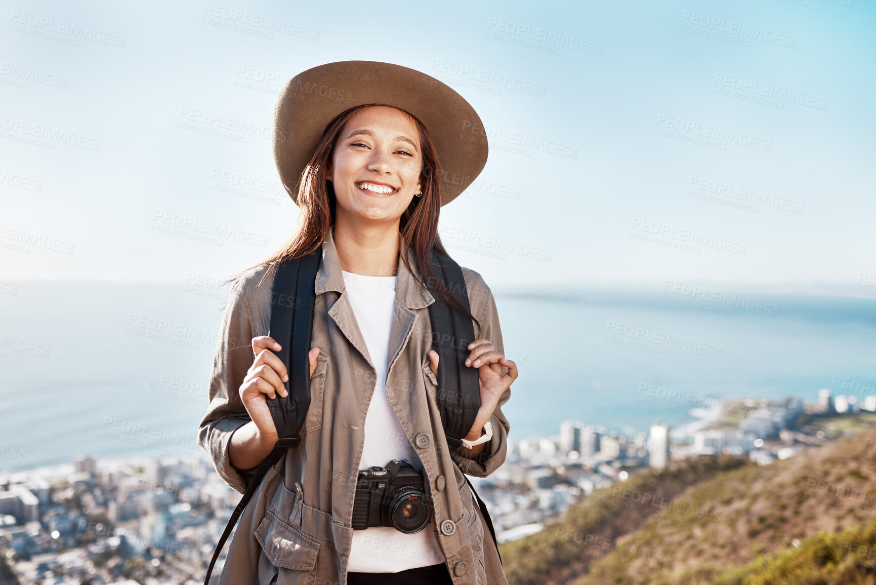 Buy stock photo Travel, portrait and woman photographer in nature, happy and relax on adventure on blue sky background. Face, photography and girl student backpacking, sightseeing and on a solo trip in New york 