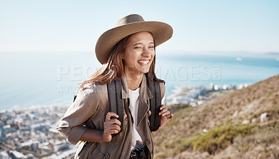 Buy stock photo Happy, hiking and woman laughing with travel, outdoor in nature with freedom and fitness, funny and active lifestyle. Female hiker on mountain, joke and person with adventure, happiness and care free