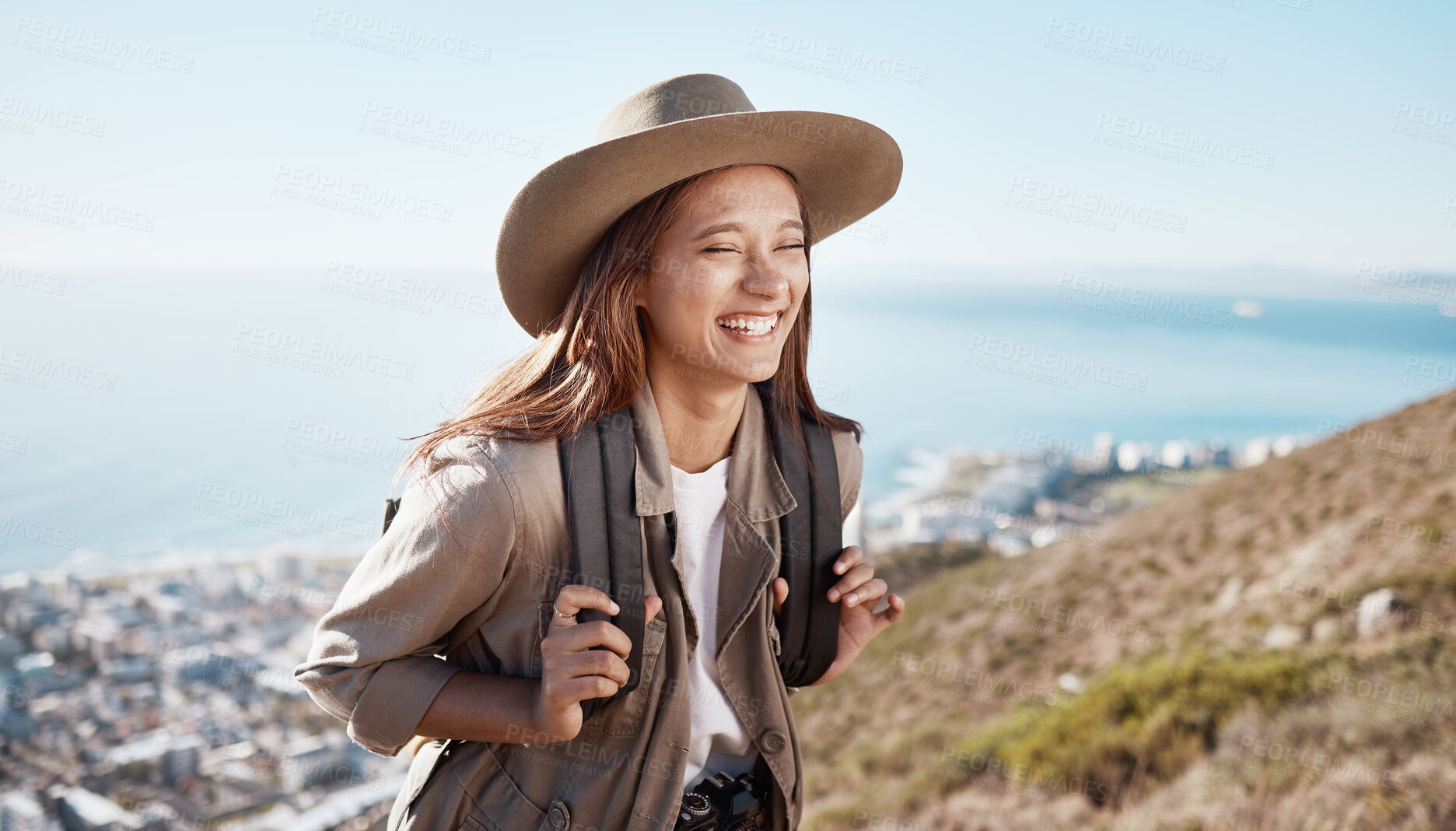 Buy stock photo Happy, hiking and woman laughing with travel, outdoor in nature with freedom and fitness, funny and active lifestyle. Female hiker on mountain, joke and person with adventure, happiness and care free