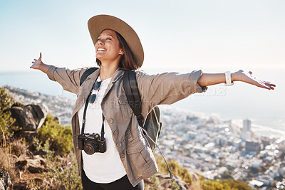 Buy stock photo Travel, freedom and woman photographer in nature, happy and relax on adventure and cityscape background. Smile, photography and girl student backpacking, sightseeing and on solo trip in South Africa