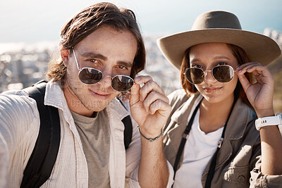 Buy stock photo Selfie, hiking and couple on vacation, adventure and wellness with fitness, romance and cheerful. Portrait, romantic man and woman with sunglasses, hikers or journey for summer holiday, break or love