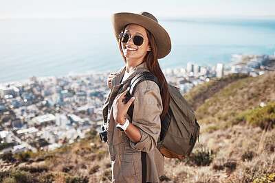 Buy stock photo Portrait, hiking and woman with view, fitness and happiness for exercise, fresh air and balance. Face, happy female hiker and lady with sunglasses, nature and freedom on mountain, backpack or explore