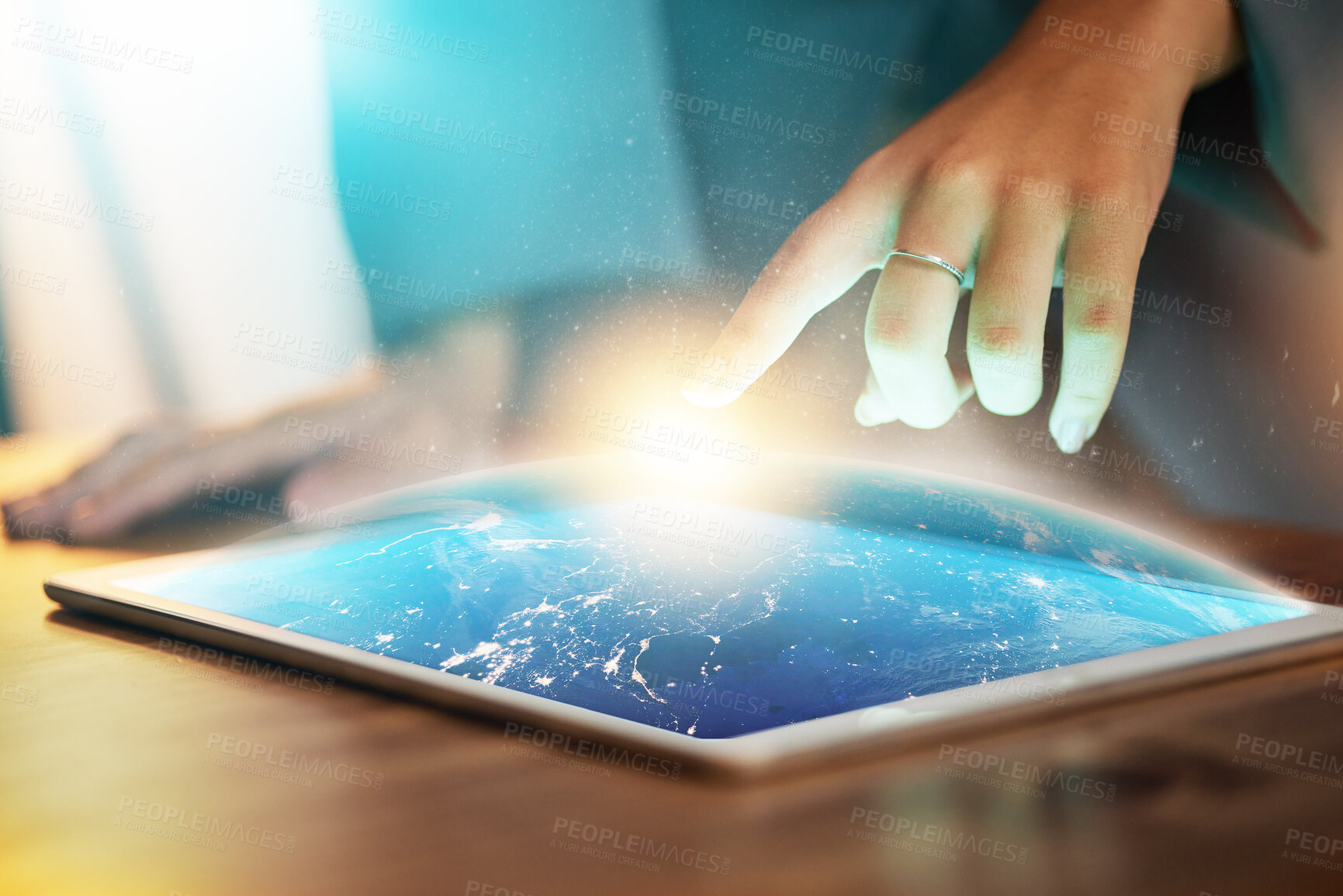 Buy stock photo Tablet, hands and earth hologram at office in night, hand typing, planning or schedule with technology abstract. Woman, touchscreen mock up and 3d holographic ux for global networking, website or app