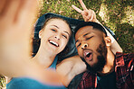 Peace sign selfie, couple and portrait smile at park outdoors, laughing at comic joke and bonding. Diversity, love romance and black man and woman with v hand emoji to take photo for happy memory.