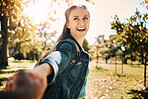 Walking, leading and couple holding hands in nature for adventure, hiking and travel in Portugal. Freedom, love and man and woman in a park for walking, vacation and traveling together on a trip