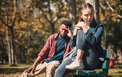 Buy stock photo Couple, hiking and argument in forest about location, direction or cheating confession on nature background. Divorce, conflict and man with woman in crisis while lost in the woods in Germany together