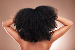 Hair, black woman with afro and beauty, haircare and natural cosmetics, back on studio background. Female, cosmetic treatment with curly hairstyle, rear view and texture, person arms with grooming