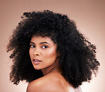 Hair, face and beauty with black woman in portrait, skin and natural cosmetics with glow on studio background. Female, cosmetic treatment with curly hairstyle, texture and growth with facial skincare