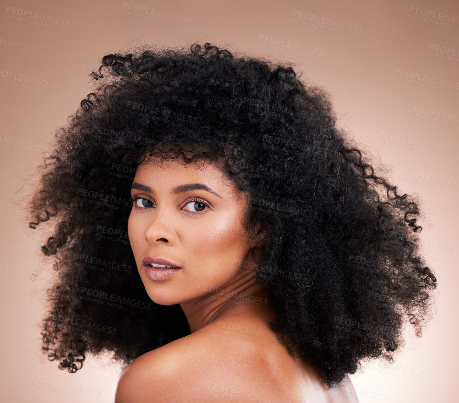 Buy stock photo Hair, face and beauty with black woman in portrait, skin and natural cosmetics with glow on studio background. Female, cosmetic treatment with curly hairstyle, texture and growth with facial skincare