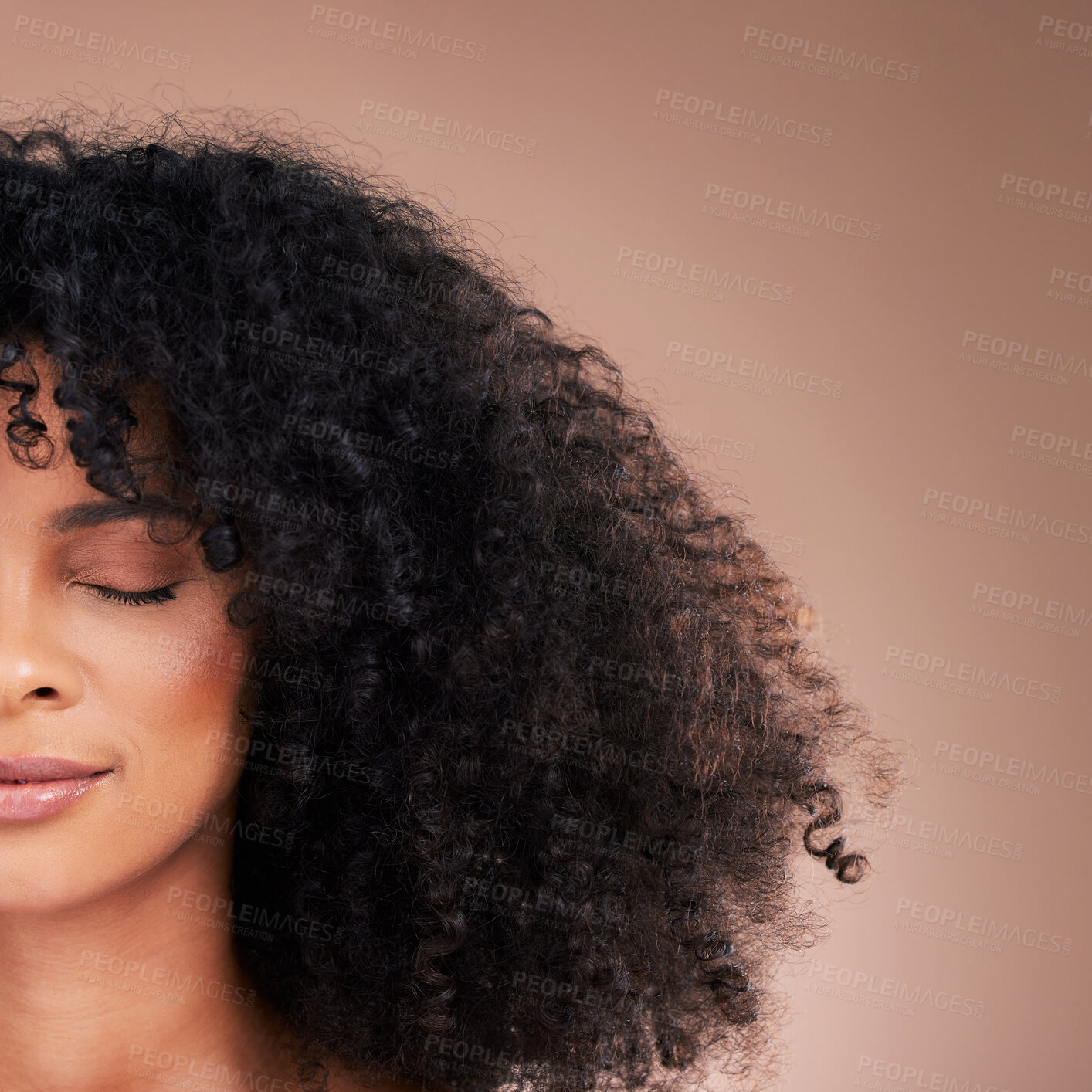 Buy stock photo Half face, black woman or afro hair on studio background for product placement, curly mockup or skincare treatment management. Beauty model, natural or hairstyle with makeup on isolated wall mock up
