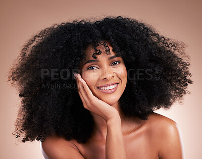 Buy stock photo Afro, hair and portrait of black woman with smile on brown background for wellness, shine and natural glow. Beauty salon, luxury treatment and happy girl face for curly hairstyle, cosmetic and growth
