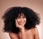 Afro, hair and portrait of black woman with smile on brown background for wellness, shine and natural glow. Salon, luxury treatment and happy girl face with curly hairstyle, healthy skin and growth