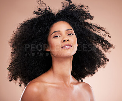 Buy stock photo Hair care, beauty and portrait of black woman face in studio for shampoo growth and shine. Aesthetic model with natural curly afro for cosmetic, facial skincare and makeup glow on gradient background