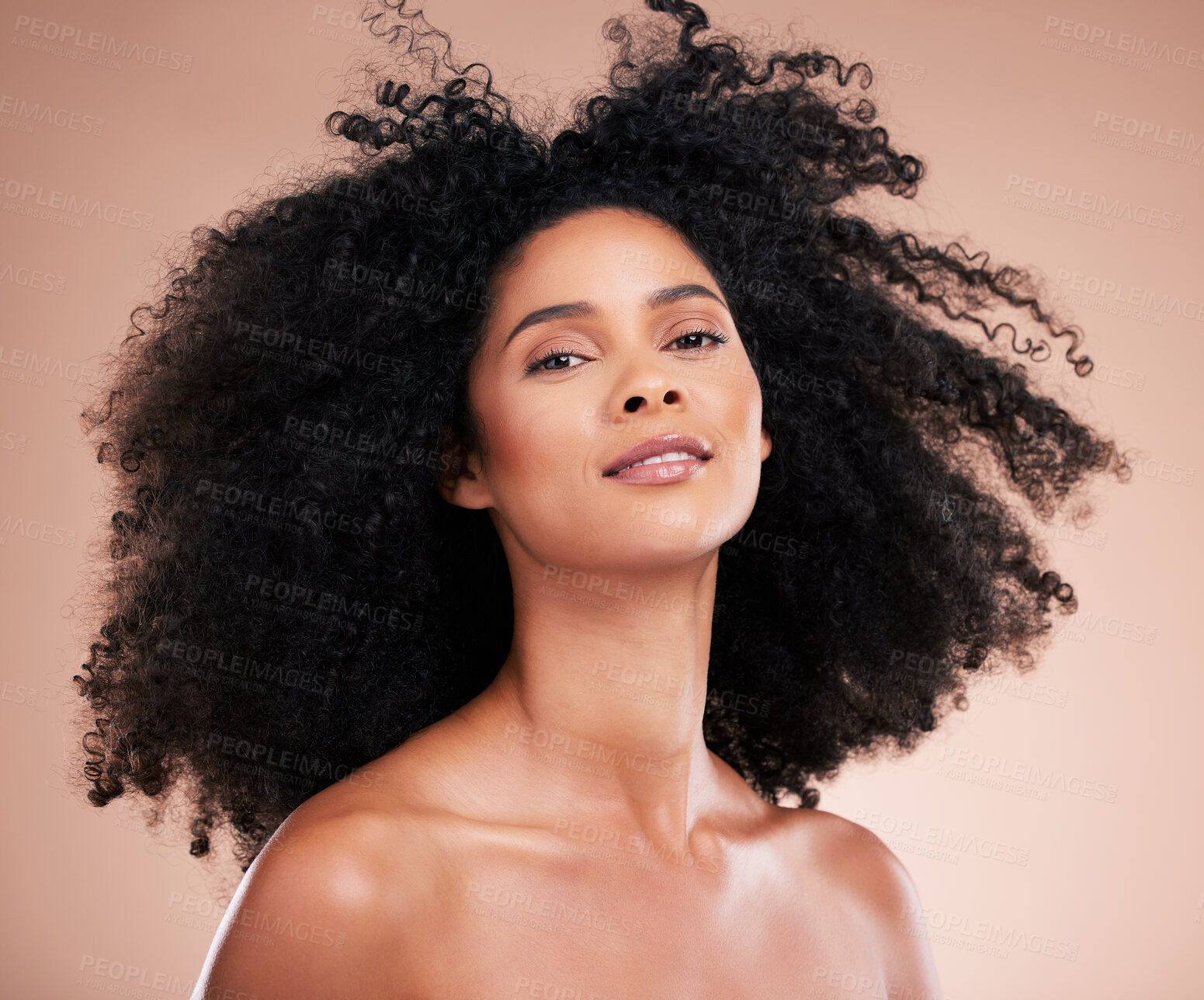 Buy stock photo Hair care, beauty and portrait of black woman face in studio for shampoo growth and shine. Aesthetic model with natural curly afro for cosmetic, facial skincare and makeup glow on gradient background